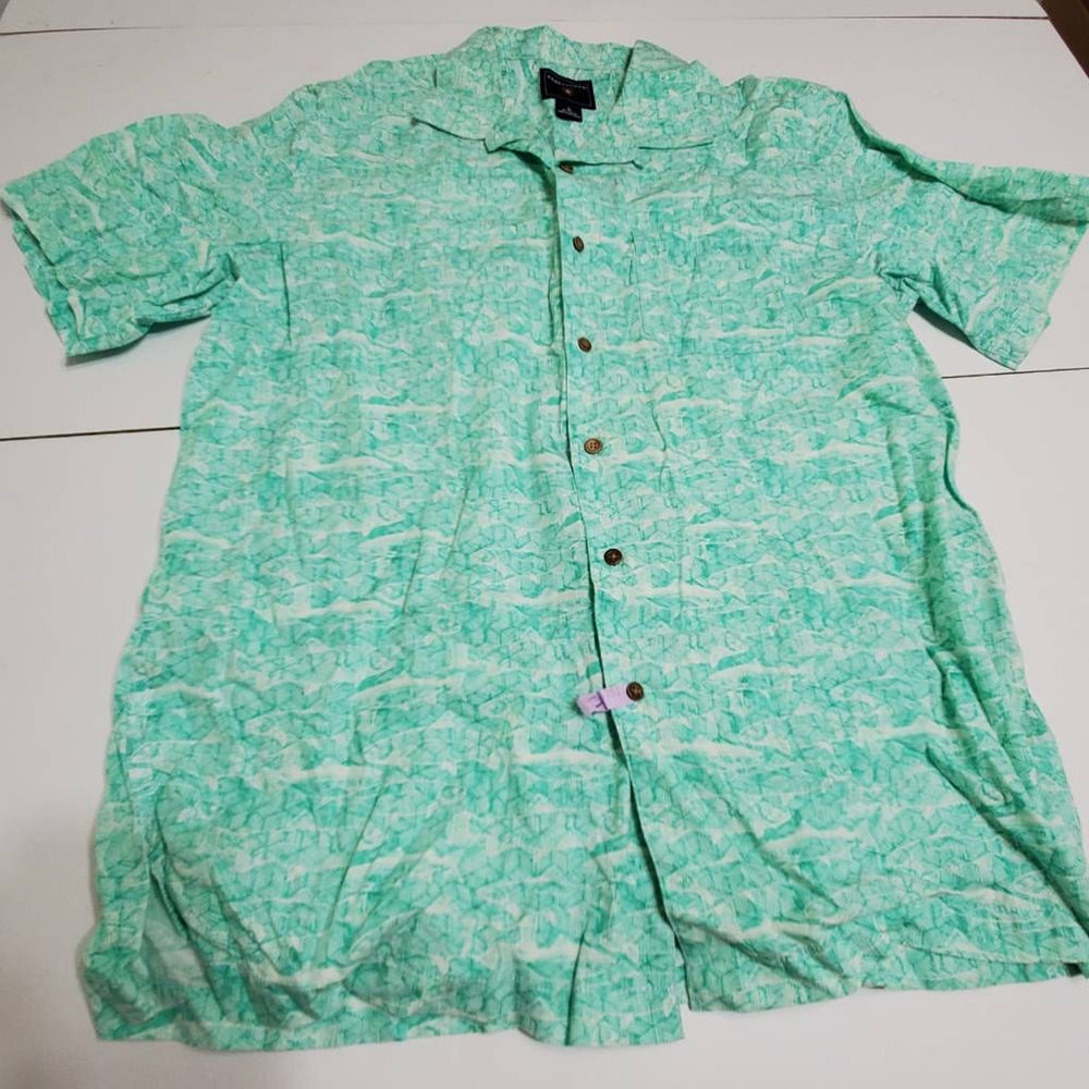Saddlebred Mens Button Front Shirt Green White Hawaiian Short Sleeve Pocket L